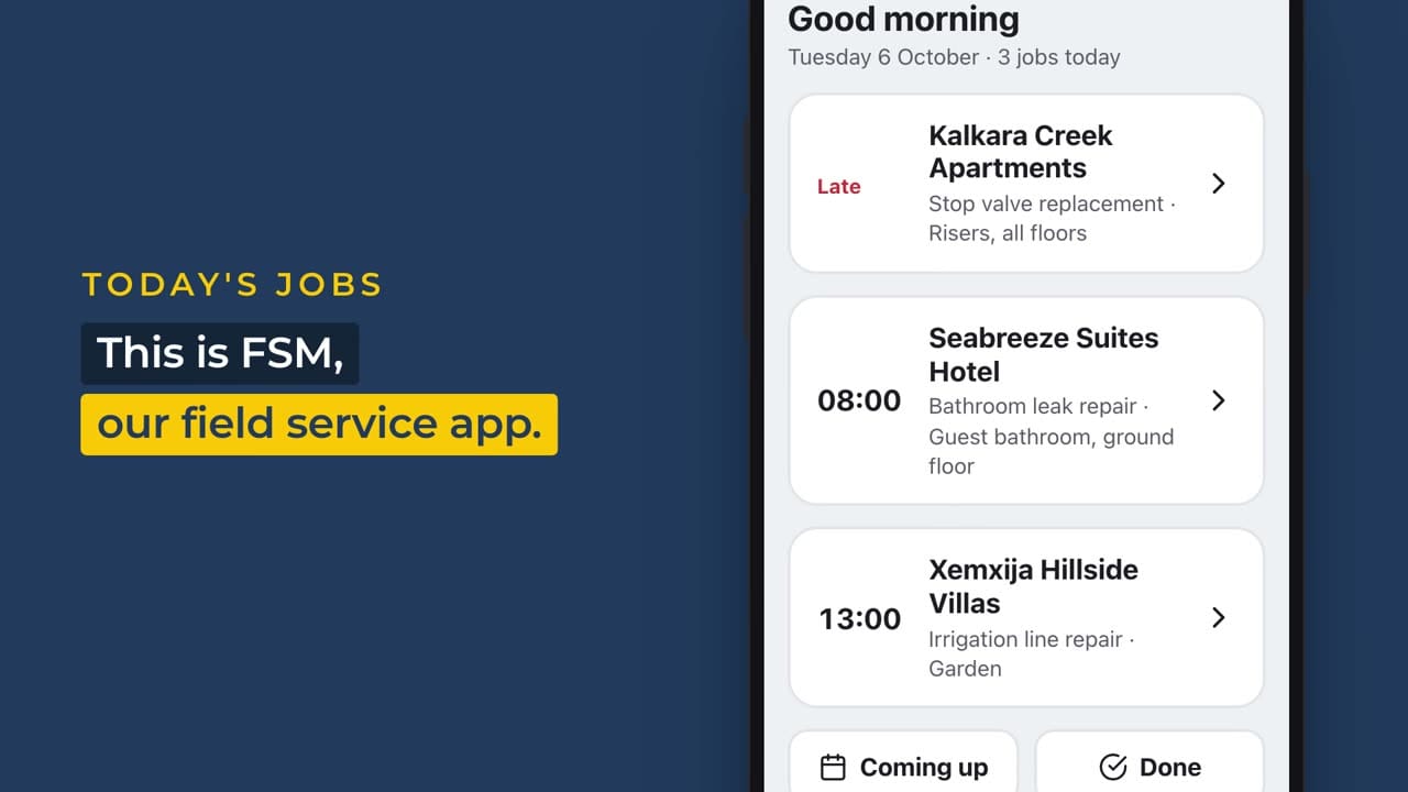 FSM app showing today's three jobs with times