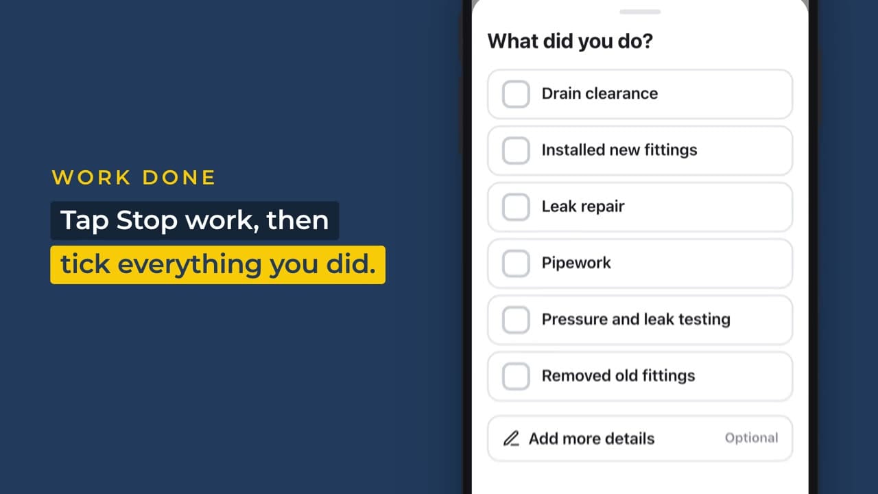 Checklist of work done, such as leak repair and pipework
