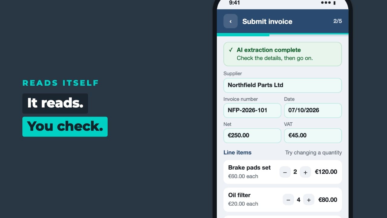 The supplier, invoice number, date, net and VAT filled in by the app