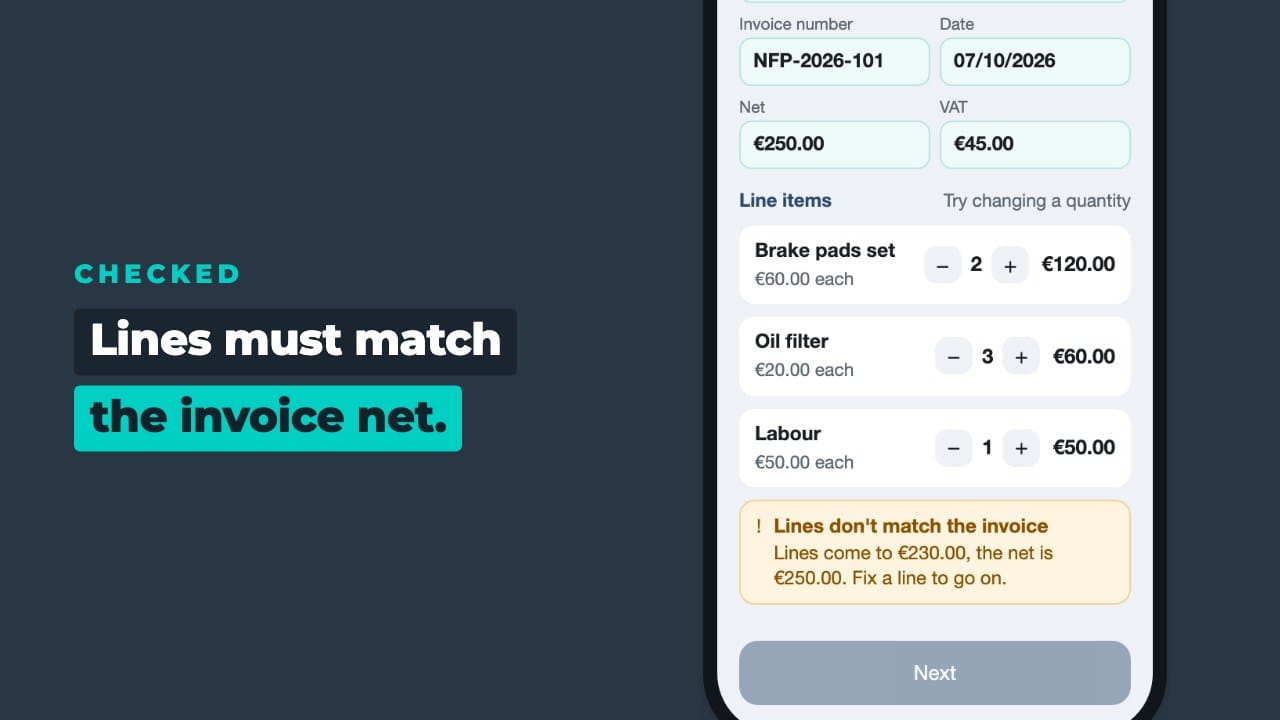 An amber warning that the lines don't match the invoice net