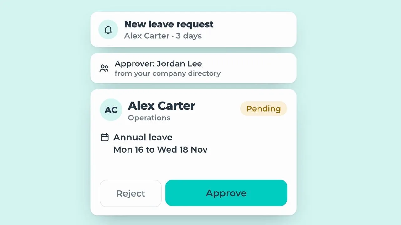 The Leave app showing a new leave request ready to approve