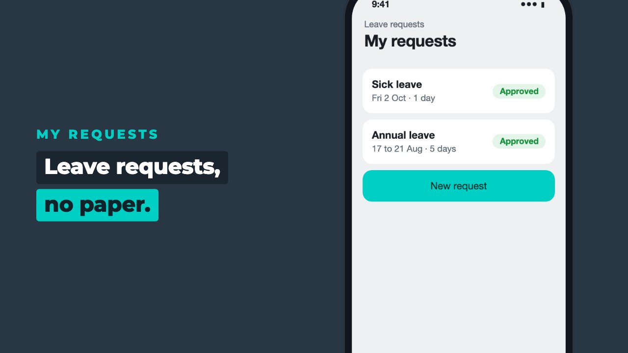 Leave app showing my requests and a New request button