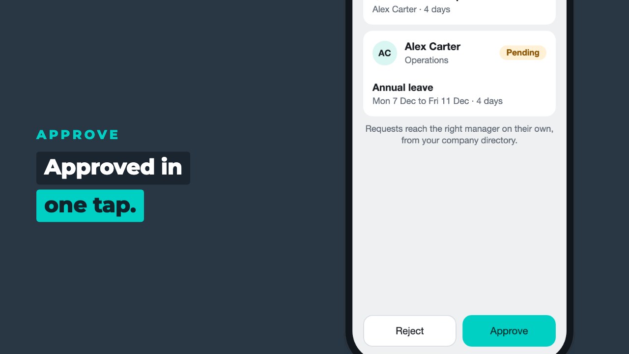 Manager's view of the leave request with Approve and Reject buttons